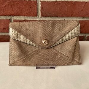 Henri Bendel Envelope Clutch Beige Silver Snakeskin Emobossed Leather